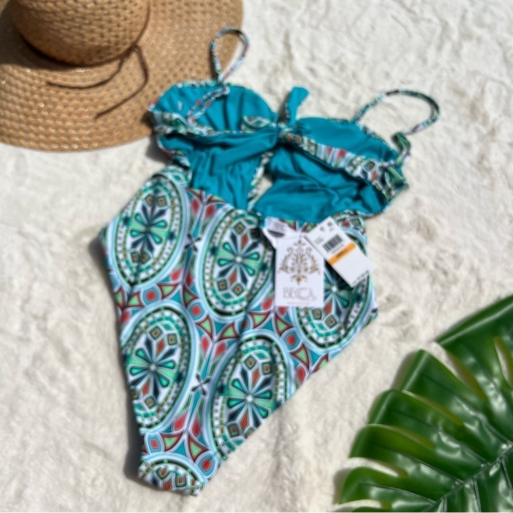 Becca Mosaic Print One Piece Swimsuit Cutout Front Adjustable S NWT - Picture 5 of 7